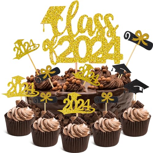 2024 Graduation Kuchen Toppers, 25 Stück Graduation Cake Dekoration Bachelor Hut Kuchen Deko Graduierung Cupcake Toppers für Abschlussfeiern Abschlussparty Abschlussproms von Camptrip