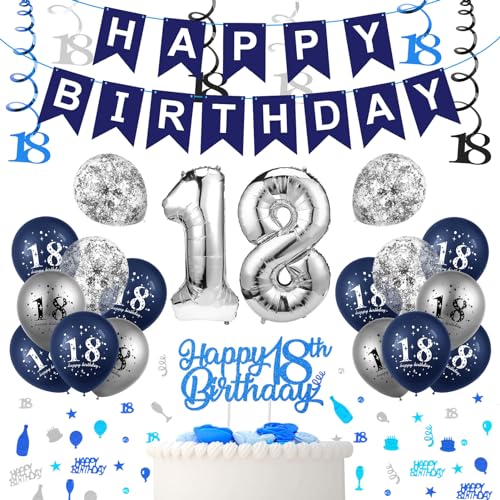 Camptrip 18. Geburtstag Deko Junge Männer - Marineblau Luftballons, Happy Birthday Girlande, Folienballon Zahl 18, Konfetti, Hängend Wirbel Dekoration von Camptrip
