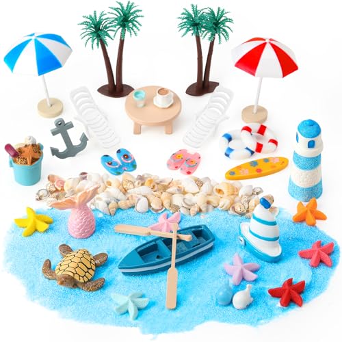 Camptrip 33 Stück Strand-Mikrolandschaft Miniatur Deko Strand Deko Miniliegestuhl Strandkorb Sonnenschirm Kleine Palme Meerestiere Deko für DIY Garten Dekoration Einzigartiges Geschenk von Camptrip