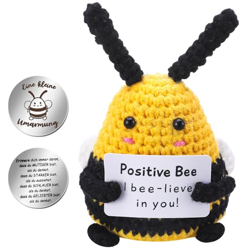 Camptrip Positive Biene, Pocket Hug Biene, Positive Gestricktes Biene Puppe, mit Positiver Energiekarteund Edelstahl Mini-Glücksbringer, Lucky Bee Positive Geschenke, Motivations Mutmacher Geschenk von Camptrip