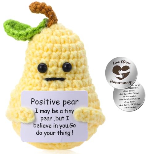 Camptrip Positive Birne, Positive Gestricktes Birne Puppe, mit Positiver Energiekarteund Edelstahl Mini-Glücksbringer, Lustige Birne Positive Geschenke, Motivations Mutmacher Geschenk von Camptrip