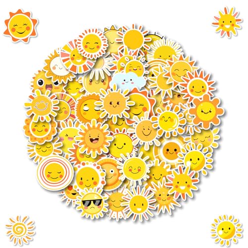 Canollo 50 Stück Aufkleber Sonne, Graffiti Sonne Sticker, Aufkleber Sonne Klein Wasserfest, Cartoon Sun Sticker für Wasserflaschen, Laptops, Scrapbooks, Koffer, Handy von Canollo