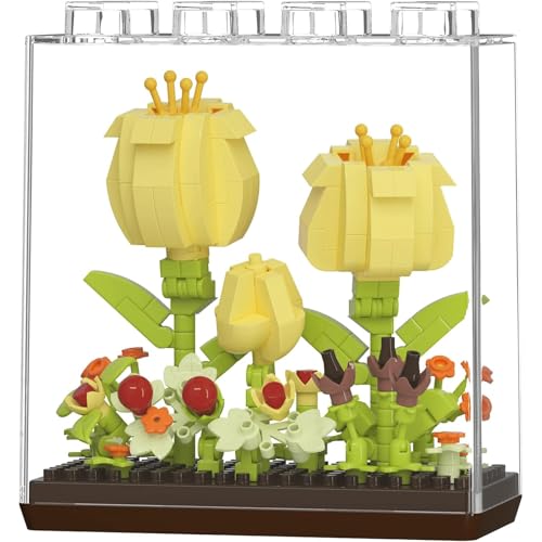 Canollo Blumen Bausteine Set, Tulpen Blumen Klemmbausteine mit Schutzhülle und Sockel, Kunstpflanzen Bausteine, DIY Bauspielzeugsets Bouquet Baustein, Botanisches Bausteinspielzeug von Canollo