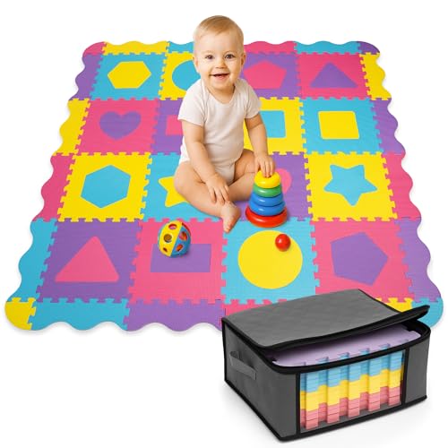 Cantoblanc® PUZZLEMATTE Baby Spielmatte Eva-Gummi+Aufbewahrungstasche. 36 Teile mit geometrischen Figuren und Kanten (140x140x1,2 cm). Krabbelmatte (Königsblau, Kirschrot, Apfelgrün, Intensivorange) von Cantoblanc