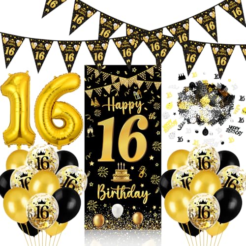 16 Geburtstag Deko Junge Mädchen, 16 Geburtstag Banner Schwarz Gold, Luftballons Wimpel Girlande Konfetti Türdeko 16 Geburtstagsdeko für Jungen Mädchen Party Hintergrund von Capaneus