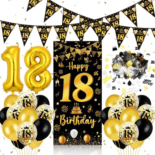 18. Geburtstag Deko für Jungen und Mädchen - Banner Schwarz Gold, Luftballons, Wimpel Girlande, Konfetti, Tür Deko, Hintergrund für Party von Capaneus
