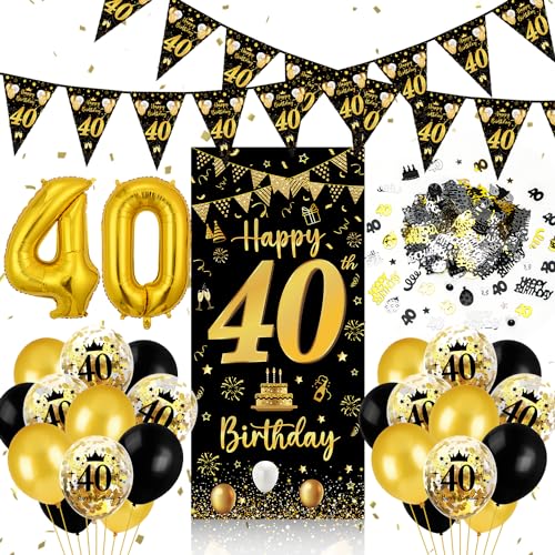 40. Geburtstag Deko für Mann und Frau - Banner Schwarz Gold, Luftballons, Wimpel Girlande, Konfetti, Tür Deko, Hintergrund für Männer Frauen Party von Capaneus