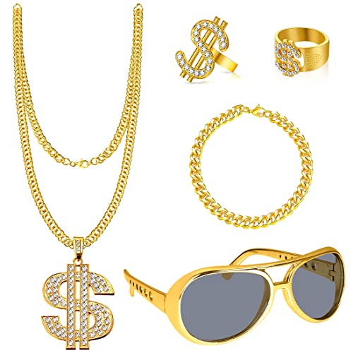 Hip Hop Kostüm Set , 80s/90s Rapper Accessoires mit Goldkette-Rockstar Sonnenbrille-Retro Armband-Dollar Goldring, Zuhälter Zubehör Herren Männer Jungen Cosplay für Halloween Fasching Karneval (5er) von Capaneus