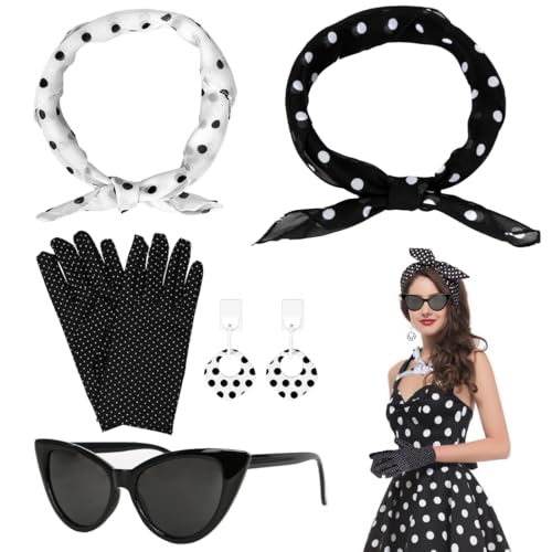 5TLG Rockabilly Accessoires Damen, 50er Jahre Damen Kleid Zubehör, 1950s Kostüm Set mit Schal, Sonnenbrille, Handschuhe, Retro Kostüm Damen, Fasching Accessoires für Karneval, Halloween, Cosplay 5TLG Rockabilly Accessoires Damen, 50er Jahre Damen Kleid Zubehör, 1950s Kostüm Set mit Schal, Sonnenbrille, Handschuhe, Retro Kostüm Damen, Fasching Accessoires für Karneval, Halloween, Cosplay von Capaneus