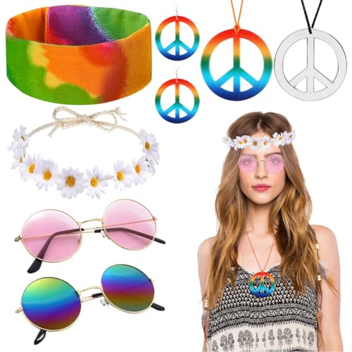 8 Stücke Hippie Kostüm Set, Hippie Accessoires für Damen und Herren, mit Peace Zeichen Halskette, Ohrringe, Sonnenbrille, Flower Power und Stirnband für 60er 70er Jahre Accessoires Party Verkleiden 8 Stücke Hippie Kostüm Set, Hippie Accessoires für Damen und Herren, mit Peace Zeichen Halskette, Ohrringe, Sonnenbrille, Flower Power und Stirnband für 60er 70er Jahre Accessoires Party Verkleiden von Capaneus
