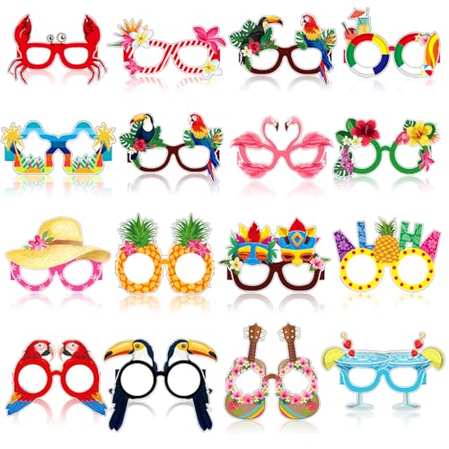 Capaneus 16 Stück Hawaiian Papierbrille, Tropical Hawaiian Party Lustige Brillen Foto Requisiten，Sommer Beach Party Accessoires für Kinder und Erwachsene, Hawaii Kostüm Zubehör von Capaneus
