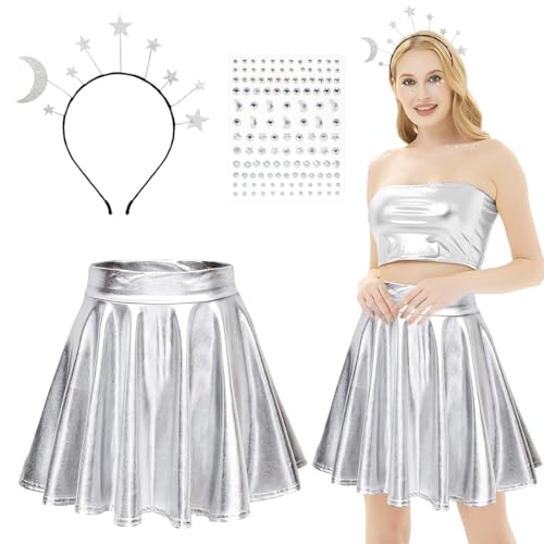 Stern Kostüm, Metallischer Faltenrock Glitzer Rock Silber, Haarreif Sterne Mond, Glitzersteine Gesicht Silber, Alien Kostüm Space Weltraum für Damen Karneval Halloween Mottoparty Cosplay Kostüm Stern Kostüm, Metallischer Faltenrock Glitzer Rock Silber, Haarreif Sterne Mond, Glitzersteine Gesicht Silber, Alien Kostüm Space Weltraum für Damen Karneval Halloween Mottoparty Cosplay Kostüm von Capaneus