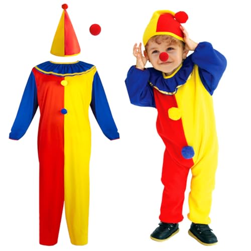 Capaneus Clown Kostüm Kinder, Clown Jumpsuit mit Kapuze, Faschingskostüme Clown, Clown Jumpsuit Kostüm für Kinder Jungen Karneval Halloween Cosplay Party von Capaneus