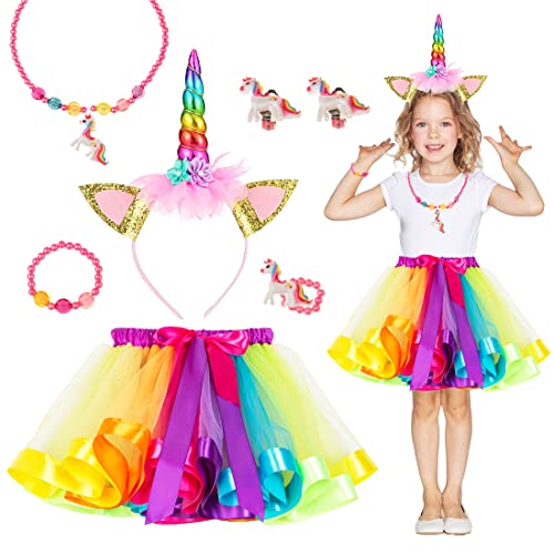 Capaneus Einhorn Kostüm Kinder Set,1 x Einhorn Tüllrock, 1 x Einhorn Haarreifen,1 x Regenbogen Halskette， Regenbogen Einhornkostüm Mädchen für Cosplay Kindergeburtstag Karneval von Capaneus