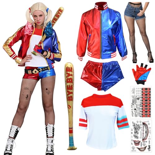 Capaneus Faschingskostüme Damen, Cosplay Kostüm Blau Rot mit Jacke, T-Shirt, Shorts, Handschuh, Tattoos, Netzstrümpfe Accessories für Damen Erwachsene Karneval Halloween Cosplay Party Capaneus Faschingskostüme Damen, Cosplay Kostüm Blau Rot mit Jacke, T-Shirt, Shorts, Handschuh, Tattoos, Netzstrümpfe Accessories für Damen Erwachsene Karneval Halloween Cosplay Party von Capaneus