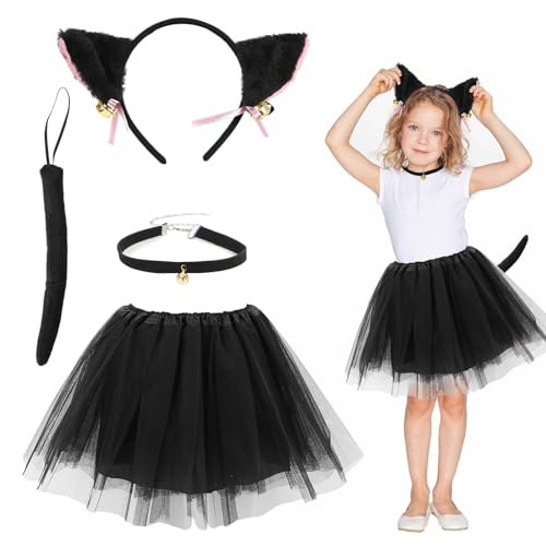 Capaneus Katzen Kostüm für Mädchen Kinder - Katzenkostüm mit Katzenschwanz, Katzenohren Haarreif, Glöckchen Halskette, Tüllrock Schwarz - Fasching, Karneval, Halloween Party von Capaneus