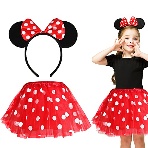 Capaneus Kinderkostüm Mäuschen Set,Mädchen Maus Mouse Kostüm Rot Tutu mit weiß Gepunktet+Haarreifen mit Maus Ohren und Schleife für Halloween Fasching Karneval Motto Cosplay Party-2 stück von Capaneus