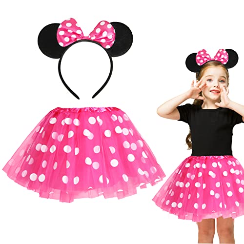 Capaneus Mädchen Maus Mouse Kostüm Rosa Tutu mit weiß Gepunktet+Haarreifen mit Maus Ohren und Schleife,Kinderkostüm Mäuschen Set für Halloween Fasching Karneval Motto Cosplay Party-2 stück von Capaneus