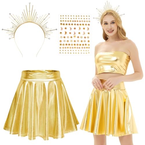Capaneus Sonne Kostüm, Metallischer Faltenrock Glitzer Rock Gold, Haarreif Sonne, Glitzersteine Gesicht Gold, Sonnengöttin Kostüm Kopfschmuck für Damen Karneval Halloween Mottoparty Cosplay Kostüm Capaneus Sonne Kostüm, Metallischer Faltenrock Glitzer Rock Gold, Haarreif Sonne, Glitzersteine Gesicht Gold, Sonnengöttin Kostüm Kopfschmuck für Damen Karneval Halloween Mottoparty Cosplay Kostüm von Capaneus
