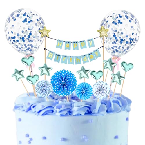 Happy Birthday Tortendeko, 17 Stück Blau Cake Topper, Kuchendeko mit Konfetti Luftballons Papierfächer Stern Herz für Junge Mann Geburtstag Deko von Capaneus