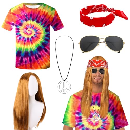 Hippie Kleidung Herren 5tgl. Hippie Kostüm 70er Jahre Bekleidung Herren, Hippie T-Shirt Perücke Brille Peace Halskette Stirnband Hippie Accessoires für 70er Jahre Bekleidung Karneval Fasching von Capaneus