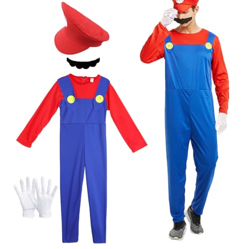 Kostüm Super Brothers Klempner, Super Klempner Kostüm für Erwachsene, Super Bros Cosplay Outfit mit Rot Mütze, Handschuhen und Schnurrbart für Karneval Halloween Faschingskostüme Herren Damen von Capaneus