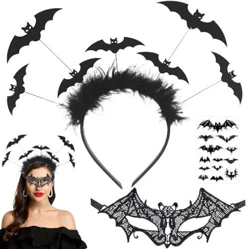 5 Stück Halloween Lace Zubehör, Halloween Damen Lace Set, Schwarze Spitze Maske Lace Handschuhe und Halsketten, Fledermaus Haarreife mit 10 Spinne Tattoo für Halloween Gothic Kostüm Maskerade von Capgoost