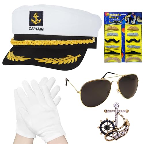 Kapitänsmütze, 5 Stück Matrosenmütze Set, Yacht Kapitän Hut mit Sonnenbrille Handschuhe, Anker Abzeichen, Kapitän Prop, Matrosen Kostüm Accessoires, Admiral Captain Kostüm für Karneval Cosplay Partys Kapitänsmütze, 5 Stück Matrosenmütze Set, Yacht Kapitän Hut mit Sonnenbrille Handschuhe, Anker Abzeichen, Kapitän Prop, Matrosen Kostüm Accessoires, Admiral Captain Kostüm für Karneval Cosplay Partys von Capgoost
