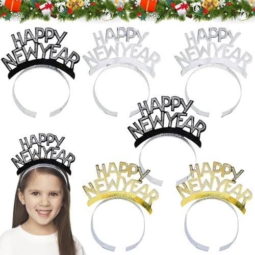 6 Stück Silvester Haarreif, 2025 Happy New Year Kopfschmuck, Silvester Deko Tiara Stirnband, Neujahr Fotorequisiten, Silvester Haarreif Kopfbedeckung, Weihnachten Haarschmuck Party Kostüm Zubehör von Capgoost