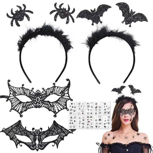 7 Stück Halloween Damen Zubehör, Halloween Fledermaus Haarreife, Schwarze Spitze Maske und Halloween Spinne Haarschmuck mit 10 Spinne Tattoo Gesichtstattoos, Karneval Halloween Kostüm Accessoire 7 Stück Halloween Damen Zubehör, Halloween Fledermaus Haarreife, Schwarze Spitze Maske und Halloween Spinne Haarschmuck mit 10 Spinne Tattoo Gesichtstattoos, Karneval Halloween Kostüm Accessoire von Capgoost