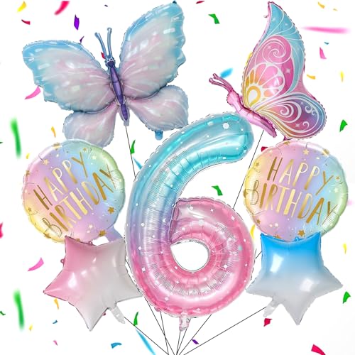 7 Stück Schmetterling Deko Geburtstag, 6 Jahre Schmetterling Folienballon, Bunt Schmetterlinge Geburtstagsdeko, Luftballon Rosa,Feen Geburtstag Deko, Schmetterling Themen Party für Mädchen Geburtstag von Capgoost