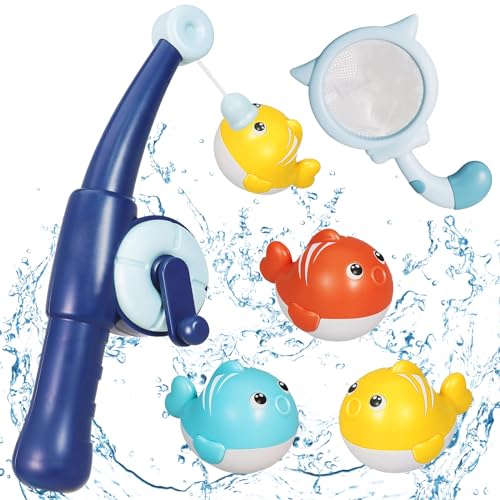 Capgoost Baby Badespielzeug, 5 Stück Badewannenspielzeug, Wasserspielzeug Kinder, Magnetisches Angelspiel mit Fischernetz Angelstäbe, Magnet Fische Badewannen Spielzeug für Kinder ab 1 2 3 Jahr von Capgoost