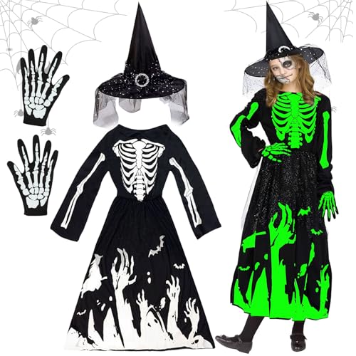 Skelett Kostüm Kinder, Halloween Kostüm Skelett Mädchen, Skelett Kleid Mädchen, Halloween Kostüm Kinder mit Hexenhut, Skelett Handschuhe, Glow im Dunklen Skelett Kostüm, Hexenkostüm für Karnevals von Capgoost