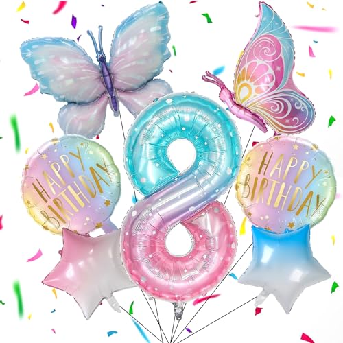 7 Stück Schmetterling Deko Geburtstag, 8 Jahre Schmetterling Folienballon, Bunt Schmetterlinge Geburtstagsdeko, Luftballon Rosa,Feen Geburtstag Deko, Schmetterling Themen Party für Mädchen Geburtstag von Capgoost