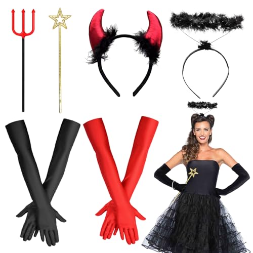 Teufel Kostüm Damen, 6tlg Teufelshörner Kostüm Set, Teufel Hörner Haarreif, Teufelsdreizack, Engel Stirnband, Teufel Hörner Rot, Halloween Kostüm Accessoires für Damen Karneval Cosplay Maskerade von Capgoost