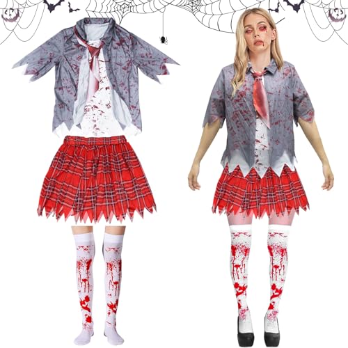 Zombie Schulmädchen Kostüm, Halloween Zombie Kostüm Damen, Schulmädchen Kostüm Halloween mit Graue Jacke, Kariertem Rock, Krawatte und Socken, Zombie Kostüm Mädchen für Halloween Fasching Karneval Zombie Schulmädchen Kostüm, Halloween Zombie Kostüm Damen, Schulmädchen Kostüm Halloween mit Graue Jacke, Kariertem Rock, Krawatte und Socken, Zombie Kostüm Mädchen für Halloween Fasching Karneval von Capgoost