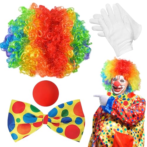 Clown Kostüm Accessoire, 4 Stück Clown Kostüm Set, Clown Perücke mit Clownsnase Rot, Bunte Krawatte, Handschuhe, Clownskostüm Karneval Kostüme für Kinder Damen Herren Fasching Halloween Cosplay Clown Kostüm Accessoire, 4 Stück Clown Kostüm Set, Clown Perücke mit Clownsnase Rot, Bunte Krawatte, Handschuhe, Clownskostüm Karneval Kostüme für Kinder Damen Herren Fasching Halloween Cosplay von Capgoost