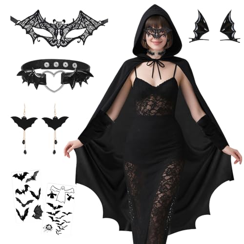 Fledermaus Kostüm Damen, Fledermaus Umhang Damen, Schwarz Umhang mit Kapuze, Halloween Vampir Kostüm Kit mit Spitze Maske, Ohren, Haarnadeln, Halskette für Frauen Halloween Karneval Fasching Cosplay Fledermaus Kostüm Damen, Fledermaus Umhang Damen, Schwarz Umhang mit Kapuze, Halloween Vampir Kostüm Kit mit Spitze Maske, Ohren, Haarnadeln, Halskette für Frauen Halloween Karneval Fasching Cosplay von Capgoost