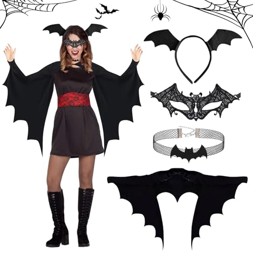 Fledermaus Kostüm Damen, Halloween Kostüm Damen, Schwarz Fledermaus Umhang, Fledermausflügel Erwachsene mit Maske, Fledermaus Haarreif, Halskette, Erwachsene Vampire Kostüm für Karneval Cosplay Fledermaus Kostüm Damen, Halloween Kostüm Damen, Schwarz Fledermaus Umhang, Fledermausflügel Erwachsene mit Maske, Fledermaus Haarreif, Halskette, Erwachsene Vampire Kostüm für Karneval Cosplay von Capgoost