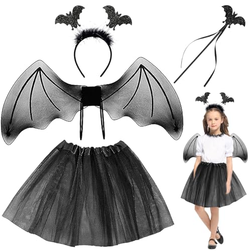 Fledermaus Kostüm Kinder, Halloween Fledermaus Kostüm Mädchen, Fledermaus Flügel mit Fledermaus Haarreif und Zauberstab Tüllrock, Fledermaus Kostüm Mädchen für Kinder Halloween Karnevals Cosplay von Capgoost