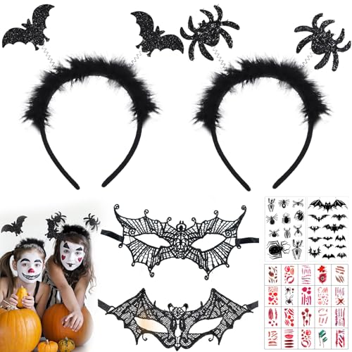 Halloween Fledermaus Haarreifen, 6 Stück Halloween Damen Zubehör, Lace Fledermaus Masken mit Spinne Fledermaus Tattoo und 20 Halloween Narbe Tattoos, Maskerade Spitzenmaske Halloween Kostüm Zubehör von Capgoost