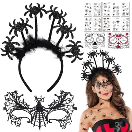 Halloween Lace Zubehör, Halloween Damen Lace Set, Fledermaus Haarreife Halloween Haarreif, Schwarze Spitze Maske mit Spinne Tattoo für Halloween Gothic Kostüm Maskerade Damen Kostüm Accessoire Halloween Lace Zubehör, Halloween Damen Lace Set, Fledermaus Haarreife Halloween Haarreif, Schwarze Spitze Maske mit Spinne Tattoo für Halloween Gothic Kostüm Maskerade Damen Kostüm Accessoire von Capgoost