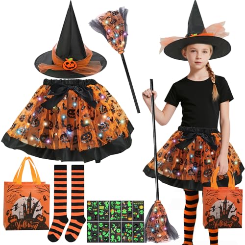 Hexenkostüm Kinder, Halloween Kostüm Kinder Hexe, LED Hexenrock, Tütü Rock Hexen Verkleidung Set mit Hexenbesen, Hexenhut und Kürbisbeutel, Hexenkostüm Mädchen für Halloween Karneval Fasching(Orange) Hexenkostüm Kinder, Halloween Kostüm Kinder Hexe, LED Hexenrock, Tütü Rock Hexen Verkleidung Set mit Hexenbesen, Hexenhut und Kürbisbeutel, Hexenkostüm Mädchen für Halloween Karneval Fasching(Orange) von Capgoost