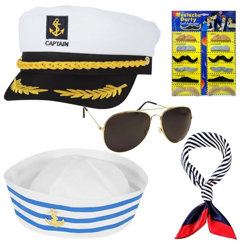 Kapitänsmütze, 5 Stück Matrosenmütze Set, Yacht Kapitän Hut mit Sonnenbrille Handschuhe Quadratischer Schal, Kapitän Prop, Matrosen Kostüm Accessoires, Captain Kostüm für Partys Karneval Cosplay Kapitänsmütze, 5 Stück Matrosenmütze Set, Yacht Kapitän Hut mit Sonnenbrille Handschuhe Quadratischer Schal, Kapitän Prop, Matrosen Kostüm Accessoires, Captain Kostüm für Partys Karneval Cosplay von Capgoost
