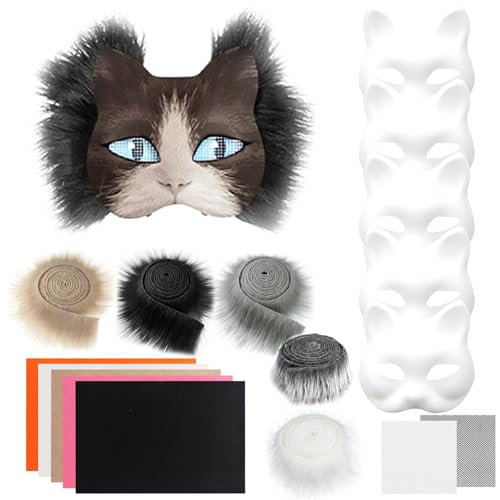 Katzenmasken zum Bemalen, 6 Stück Therian Mask, DIY Katzen Masken zum Basteln, Furry Tiermasken mit Kunstpelz, Augennetz und Filztuch, Katzenmaske für Halloween, Karneval, Maskerade, Party Cosplay von Capgoost