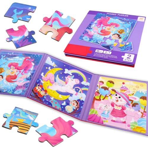 Kinderpuzzle Magnet Puzzle, 12-16-20 Teile Magnetpuzzle, 3-in-1 Magnete Puzzlebuchen Einhorn Meerjungfrau, Beschäftigung für Kinder im Autofahrt Flugzeug ab 3 Jahre von Capgoost
