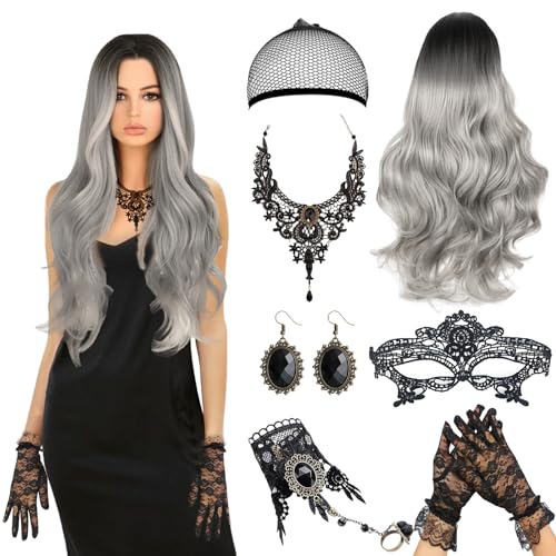 Perücke Damen, 70cm Silbergrau Perücke Frauen, Karneval Spitze Maske und Lace Handschuhe Halsketten, Synthetische Perücke mit Haarnetz, Damen Gothic Zubehör für Karneval, Halloween Kostüm Maskerade von Capgoost