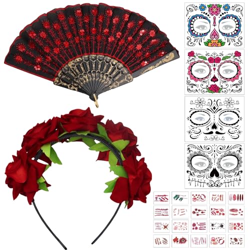 Tag der Toten Haarreif, Halloween Rosen Haarreif, Tag der Toten Stirnband mit Handheld Folding Fan und Halloween Tattoos Gesichtstattoos, Dia de Los Muertos Haarreif, Damen Halloween Haarschmuck Tag der Toten Haarreif, Halloween Rosen Haarreif, Tag der Toten Stirnband mit Handheld Folding Fan und Halloween Tattoos Gesichtstattoos, Dia de Los Muertos Haarreif, Damen Halloween Haarschmuck von Capgoost