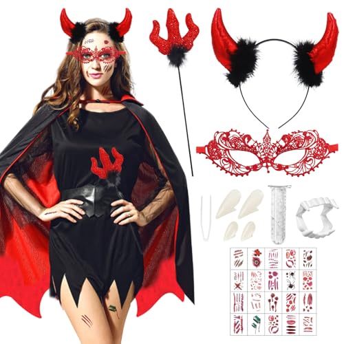 Teufel Kostüm Damen, Halloween Vampir Umhang, Schwarz Rot Cape mit Teufel Hörner Haarreif, Teufelsdreizack, Vampirzähne, Halloween Umhang mit Kapuze, Faschingskostüme für Karneval Masquerade Cosplay von Capgoost