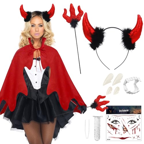 Teufel Kostüm Damen, Vampir Umhang, Teufel Hörner Haarreif, Teufelsdreizack, Umhang Halloween Damen, Roter Umhang, Halloween Umhang mit Vampir Zähne, Halloween Tattoos, Halloween Vampir Kostüm Damen von Capgoost